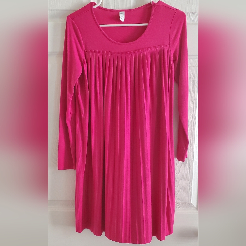 Old Navy girl’s Pleated pink fuschia long sleeved jersey midi dress L 10/12